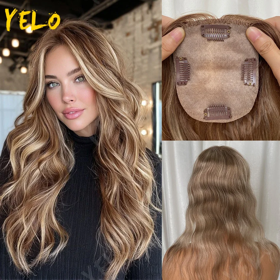 

Women's Ombre Brown Topper 10x12cm Injected Silicone Skin Base Toupee With 4 Clips 17inch Long body Wave Topper