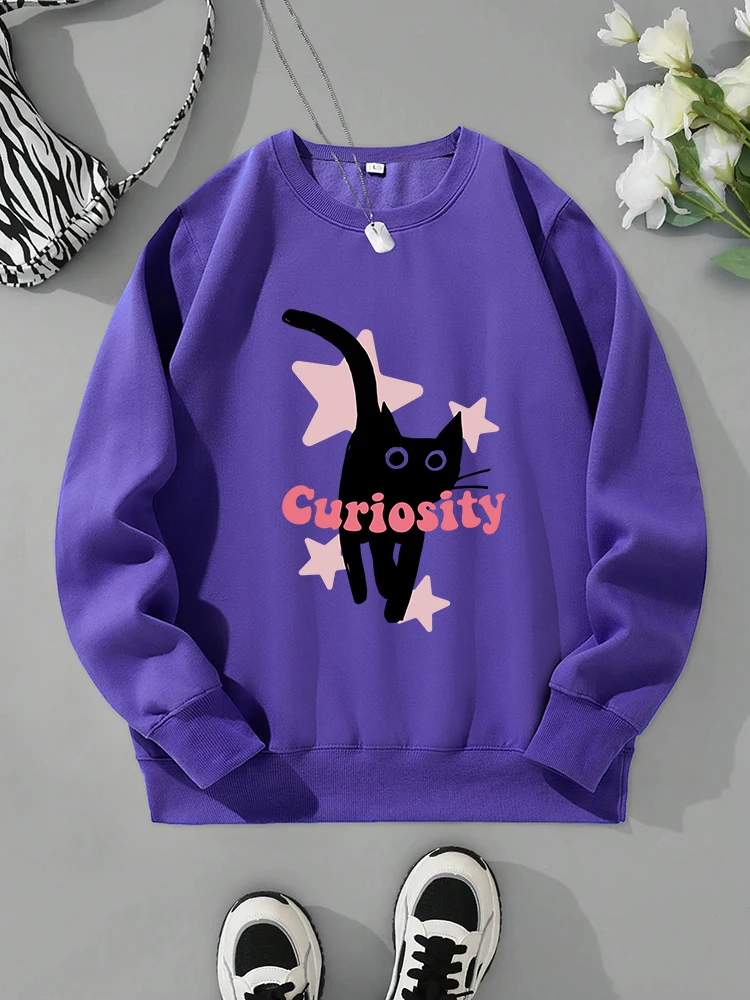 Curiosity Cat Kawaii Print Sweatshirt Woman Autumn Warm Fleece Clothes Fashion Versatile O-Neck Sportswear Street Casual Tops