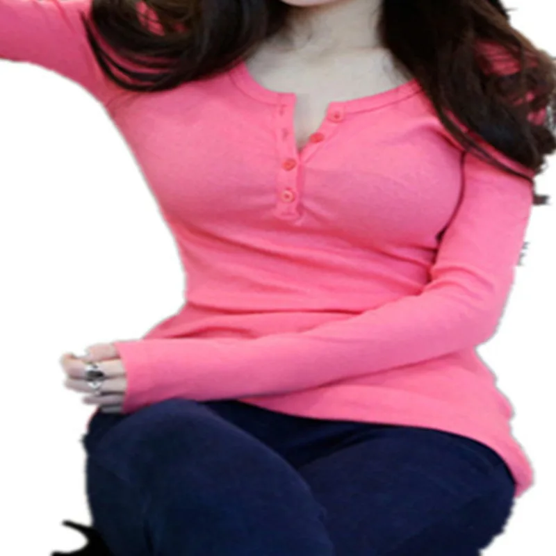Long Sleeve Slim Fit Women's T-Shirt Button Thread Color Base Shirt Trendy Outerwear Polyester round Neck Commute Style