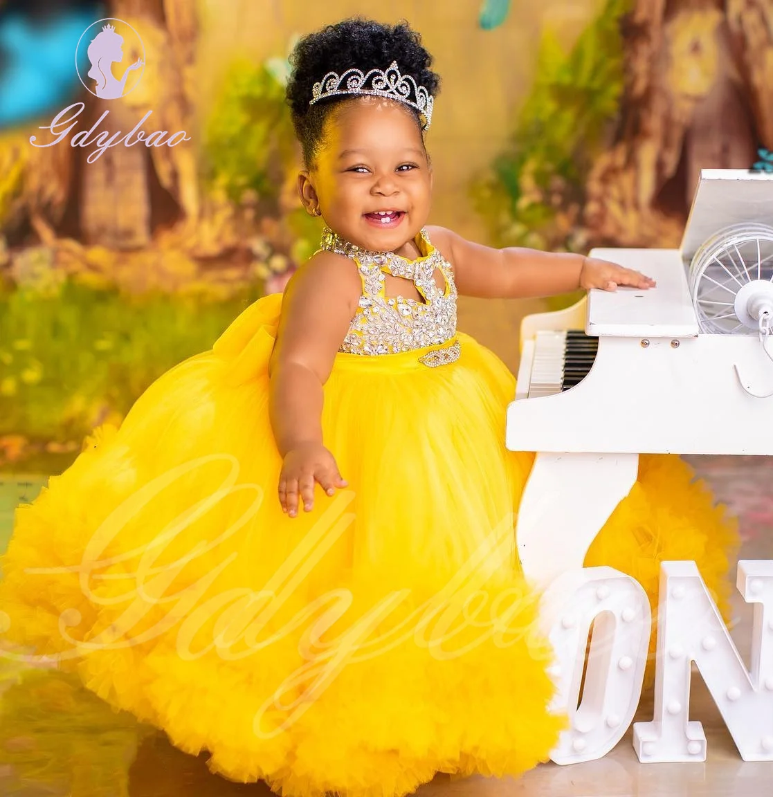 

Yellow Tulle Flower Girl Dress For Wedding Puffy Sleeveless Shining Kids Birthday Pageant First Communion Baby Ball Gown