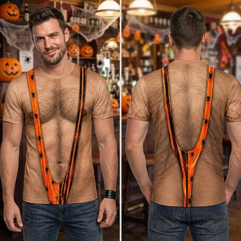 Hairy Chest Halloween T-shirt, Fun Muscle Faux Fur T-shirt, Adult Halloween Costume Men's Parody Gift Novel and Funny T-shirt