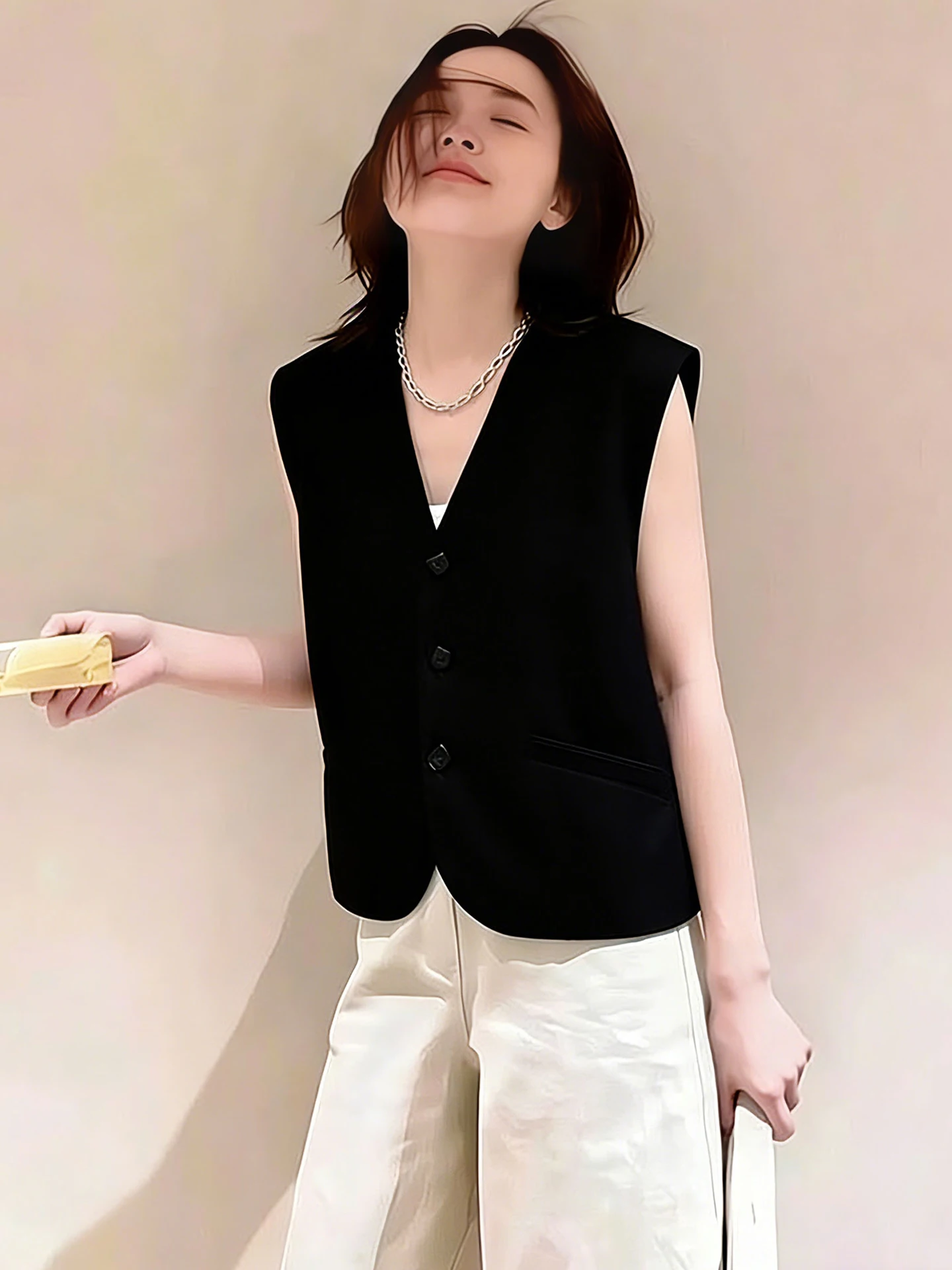 Versatile Black Sleeveless V-Neck Vest Fashionable Layering Piece Elegant Style Women's Outerwear Casual Chic Office Wear
