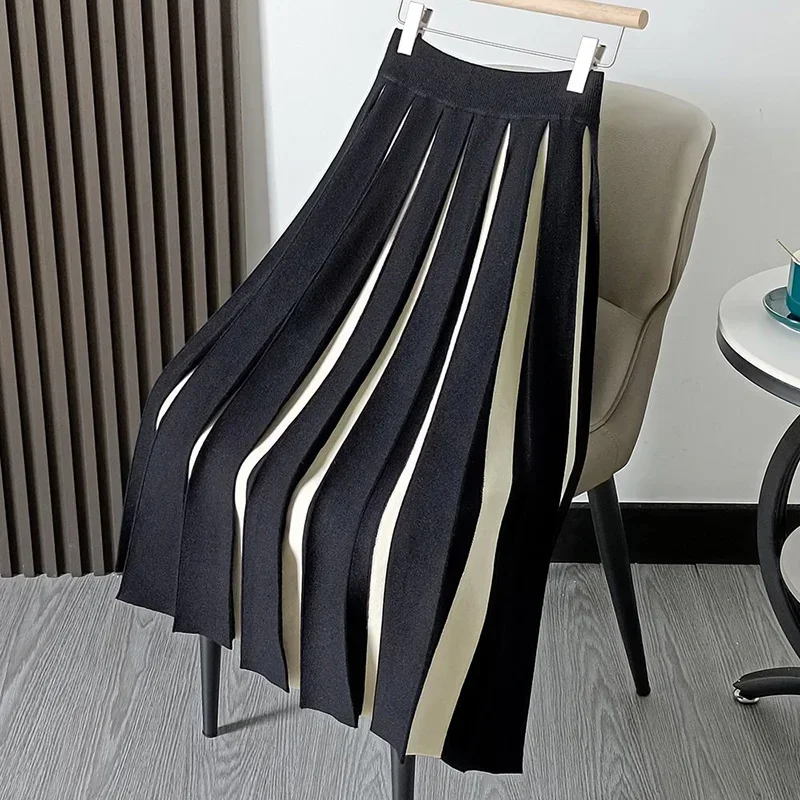 

Elegant High Waist Panel Versatile Pleated Skirt Spring and Autumn Retro Fashion Stripe Mini Knitted Skirt Women's Mixed Color