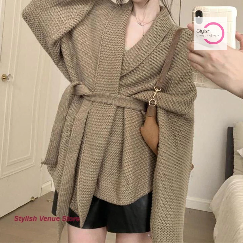 

French V-neck solid color plus size sweater coat women's autumn and winter new relaxed and lazy wind waist strap knit cardigan