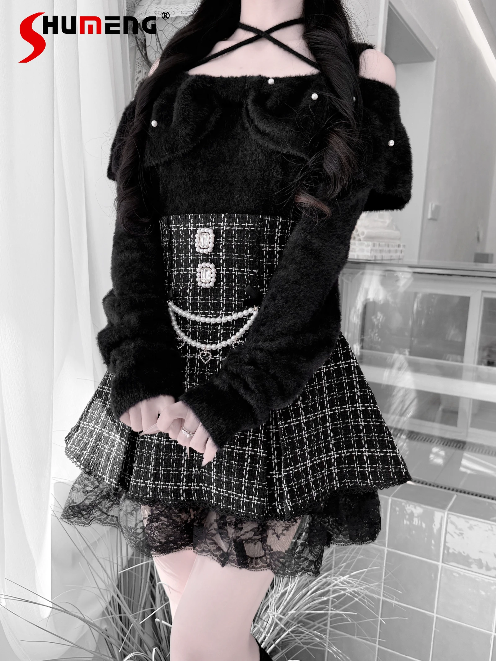 

Японский стиль Mines на шнуровке с лямкой на шее с открытыми плечами и длинными рукавами с бантом и жемчугом, милые мягкие жемчужные вязаные свитера, пуловеры для женщин