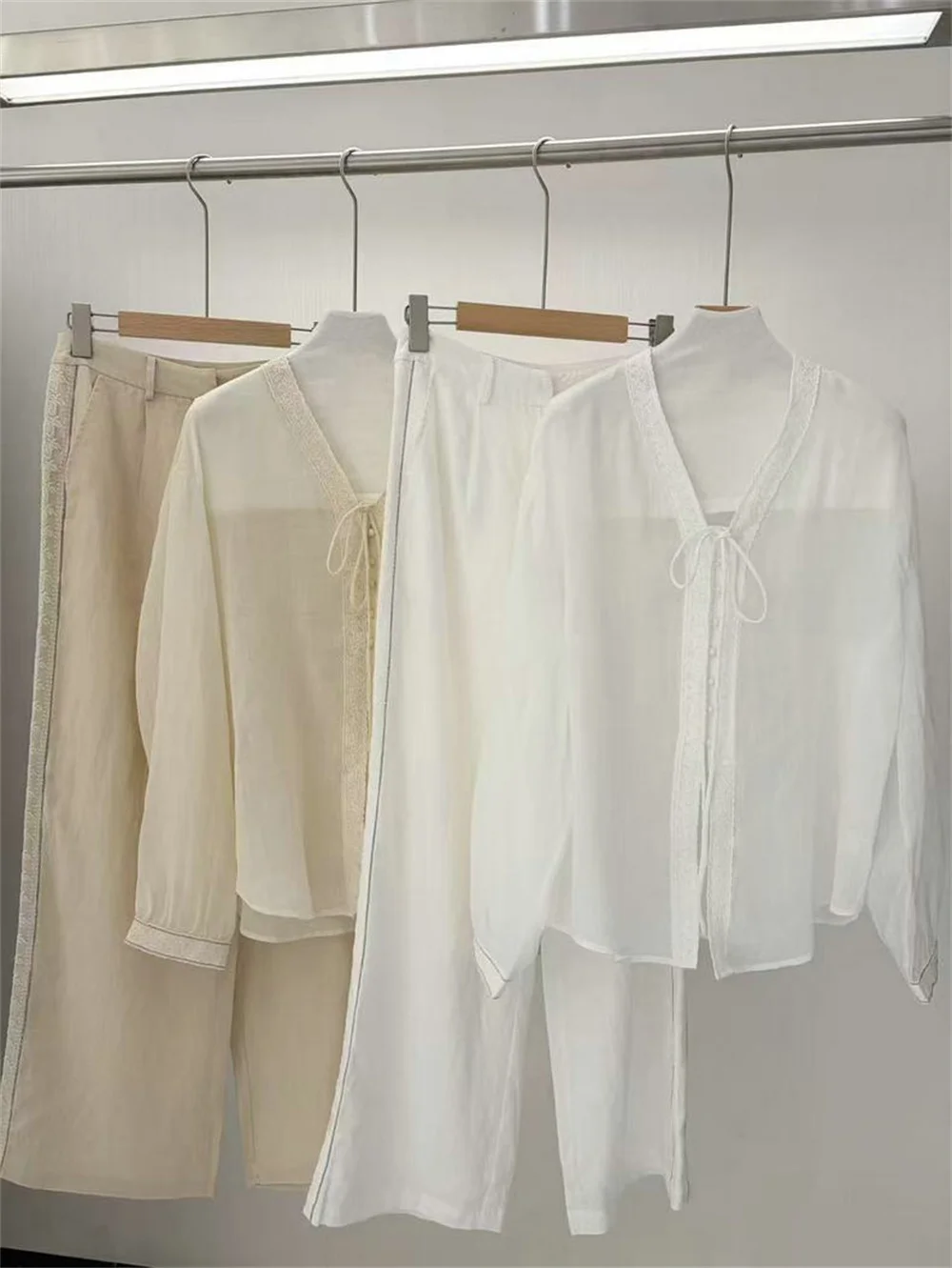 

26 Spring/Summer New Women's Comfortable Clothing 2 Piece Set 100 Linen V-neck Shirt With Straight Leg Trousers Suit