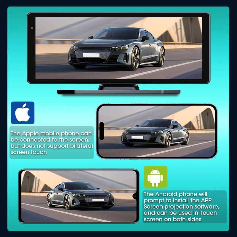 كاميرا داش كام 4K DVR لاسلكية بحجم 8.1 بوصة مع كار بلاي وأندرويد أوتو، ملاحة GPS، مسجل فيديو بعدستين، شاشة مع واي فاي 5G، بلوتوث وFM​