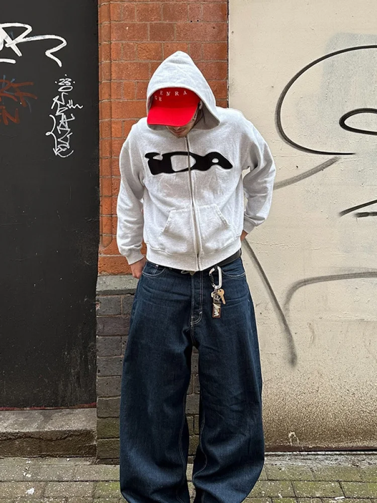 Y2k streetwear hip hop carta retalhos com capuz aberto cardigan zíper solto ajuste outono inverno moletom para mulher