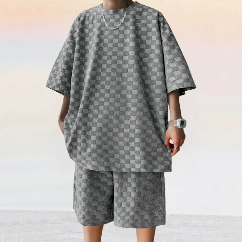 Men\'s Sports Suit Summer New High Street Jacquard Plaid T-shirt Shorts Two-piece Set Male Casual Retro Loose O-neck Top