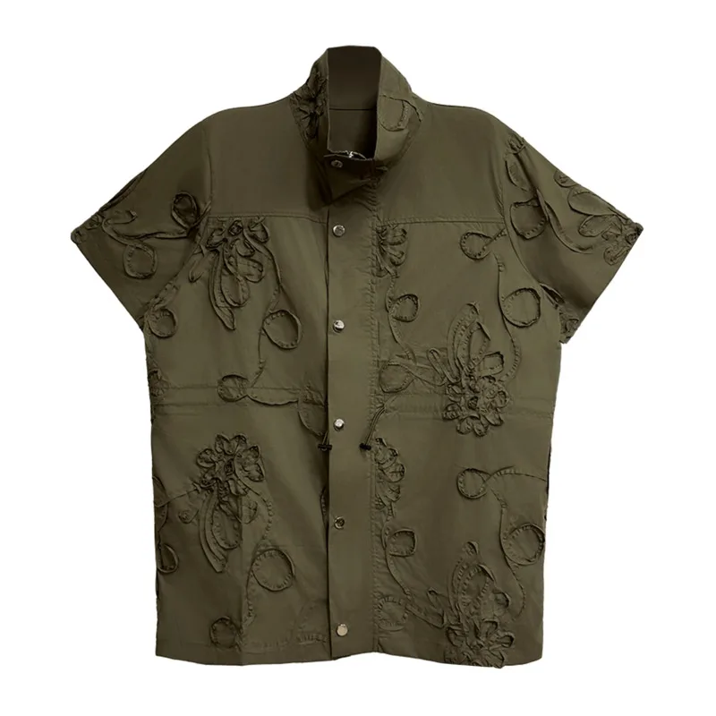 HKSH Women Short Sleeve Shirt Elegant Niche 3D Floral Drawstring Design Trend Stand Collar Single Breasted Blouse Summer HK23684