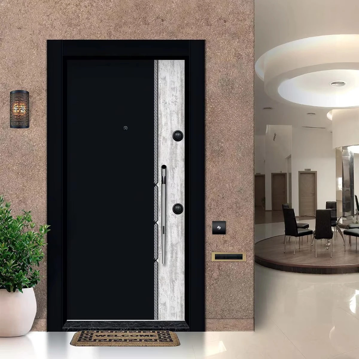 ax-Modern Architectural Steel-Wood Door Premium Geometric Design Fire Prevention Customized Color for Apartment Supermarket Use