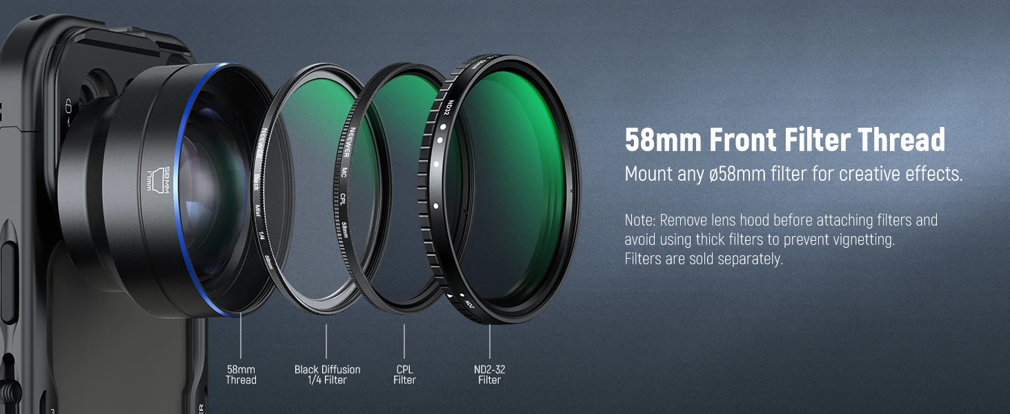 NEEWER HD 65 mm Teleobjektiv mit Gegenlichtblende, nur für 17-mm-Gewinde, Objektivrückplatte, Handy-Käfighülle – Detail 9