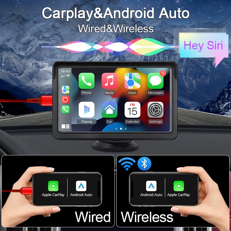 Hippcron 7 Zoll Kabelloses CarPlay & Android Auto Autoradio, Tragbarer Universeller Touchscreen Multimedia-Videoplayer – Detail 1