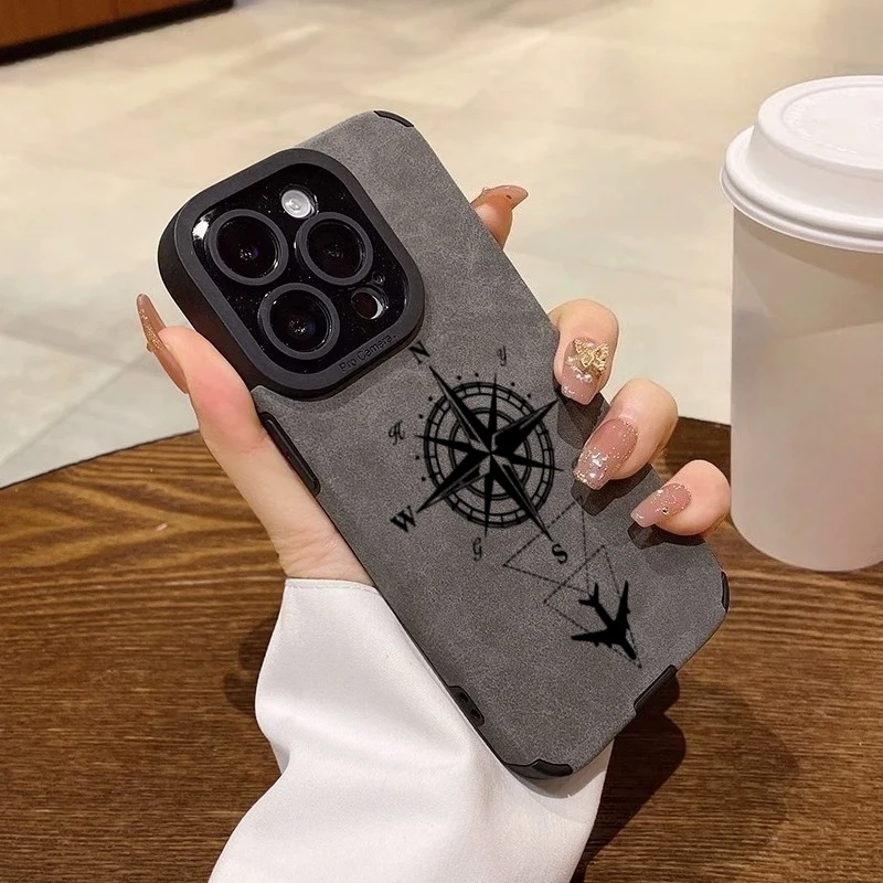 Modische matte Leder-Silikon-Handyhülle für iPhone 17 16 Pro 15 14 13 12 11 Pro Max 15 Plus X XR XS Max Kompass Flugzeugabdeckung