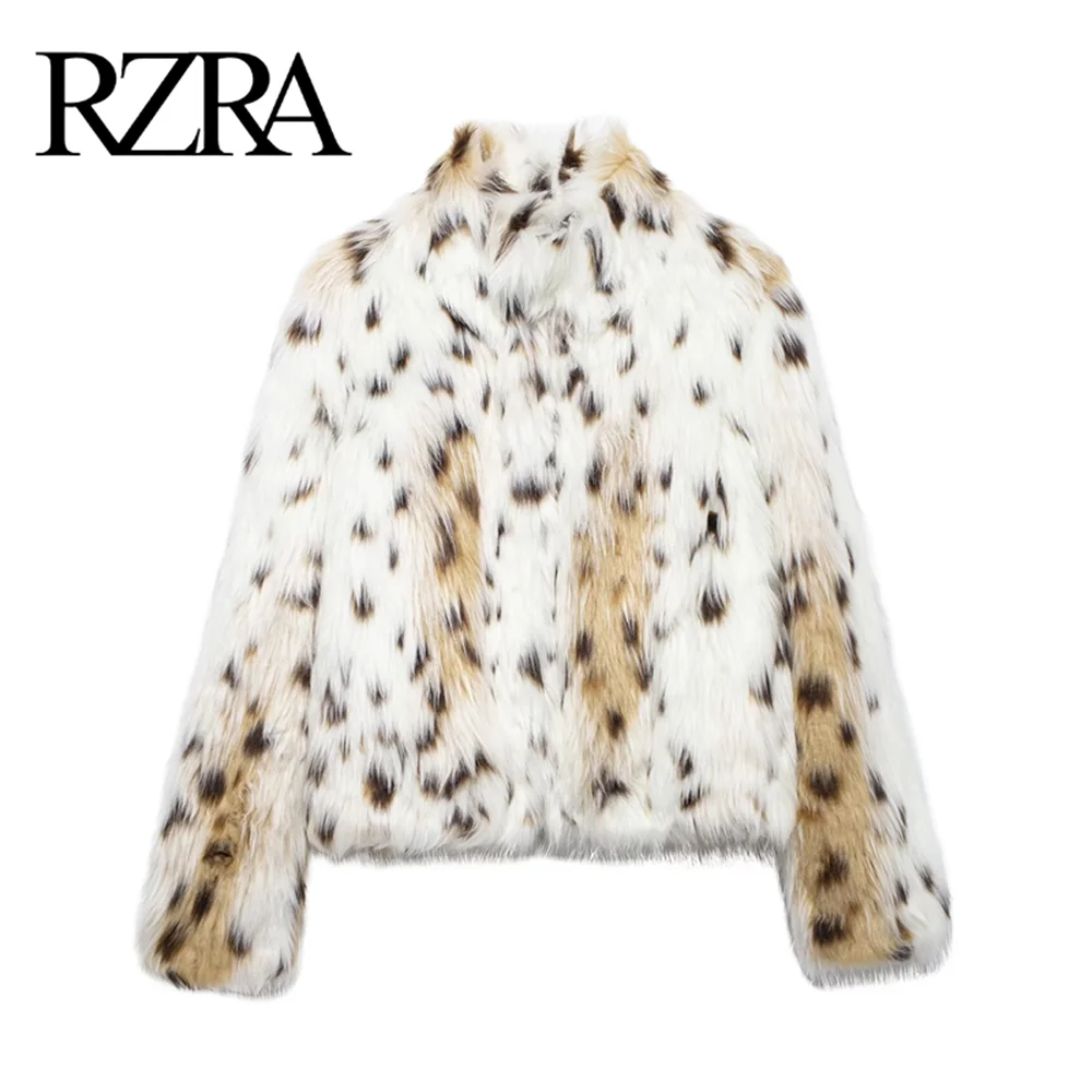 Casaco imitado de leopardo feminino, efeito pele artificial, confortável e quente, nova moda, outono e inverno, RZRA2024