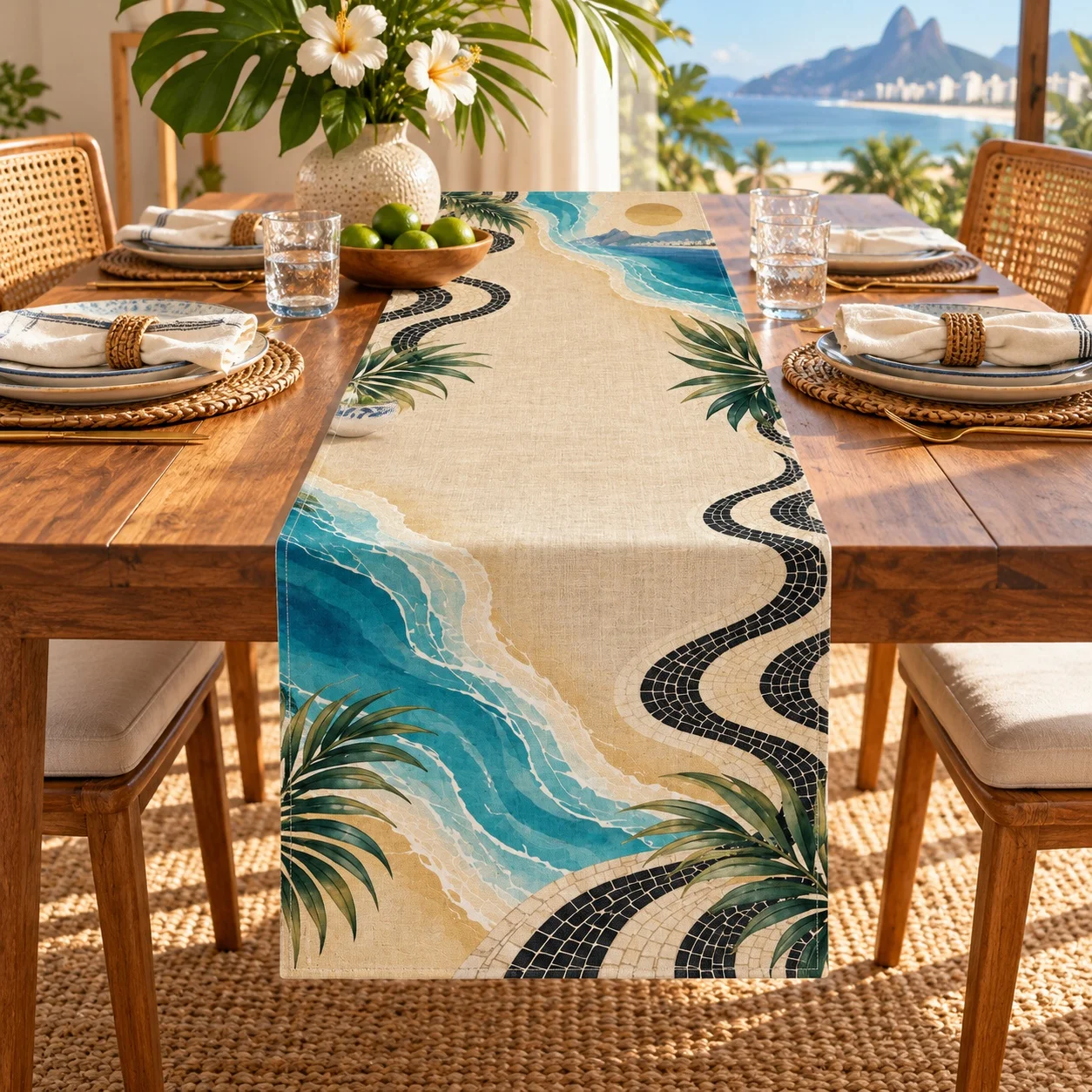 Brazil Rio Beach Table Runner Tropical Ocean Wave Mosaic Table Flag Coastal Dining Decor Home Kitchen Party Decoration