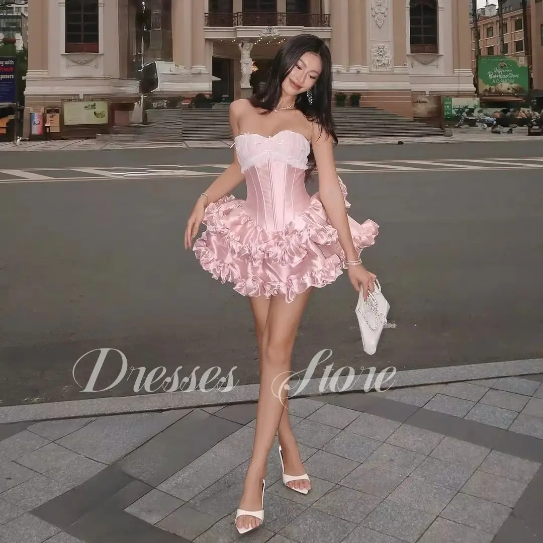

MD New Cute Pink Sweetheart A-line Mini Prom Gown Pleat Ribbon Tiered robes de cocktail Corset Birthday Dress Customized 2025