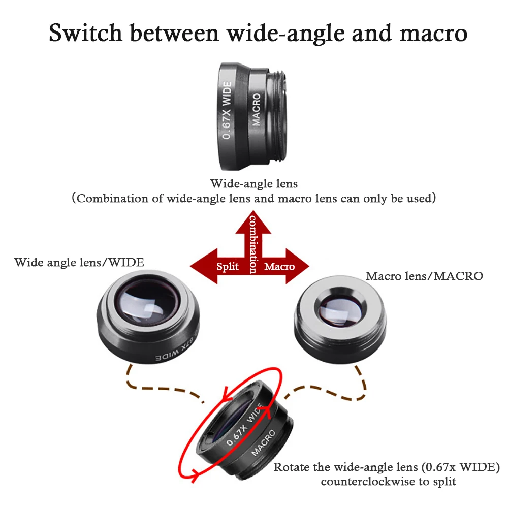 Grande Angular Lente Do Telefone Móvel, Olho De Peixe, Macro, Câmera HD, Universal para iPhone, Telefone Android, 0.67X