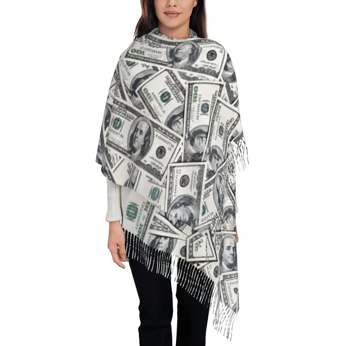 Hundred Dollars Bills Scarf Wrap Women Long Winter Warm Tassel Shawl Unisex Money Scarves