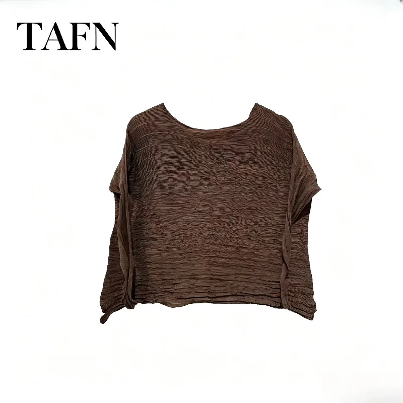 Miyake Pleated 2026 New Women's Top Round Neck Batwing Sleeve Twisted Willow Sleeve Design Loose Plus Size Pullover T-Shirt