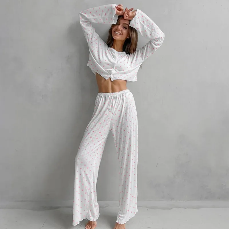 

2025 Autumn New Long Sleeved Long Pants Love Print Pajama Set Women Stylish Loungewear Trousers European American Casual L Size