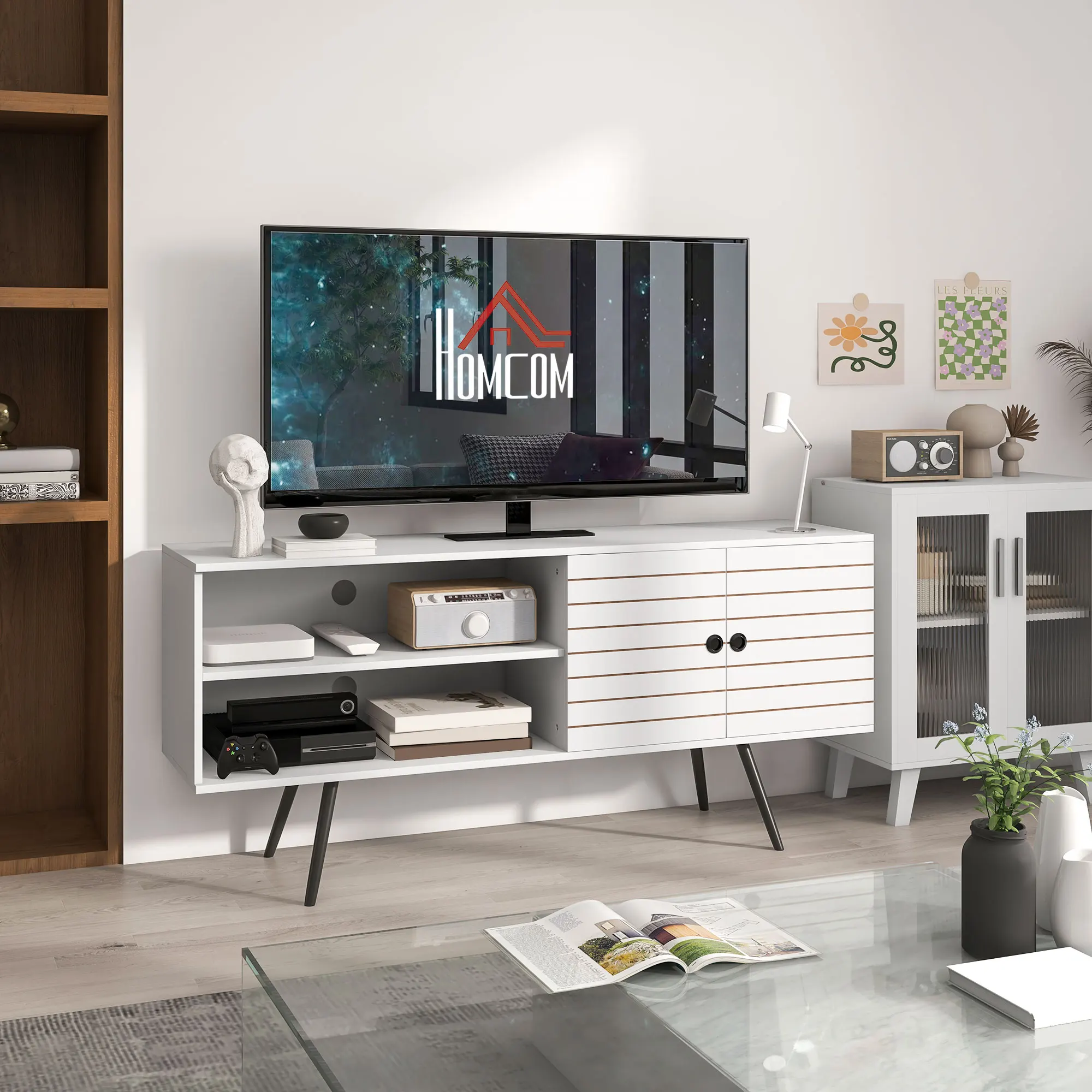 HOMCOM Mueble de TV para Salón con 2 Estantes Abiertos 145x38x65 cm Blanco