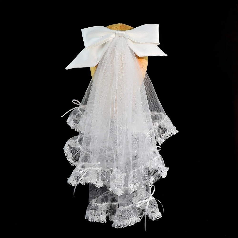 

White Shoulder Length Veil with Lace Edge Bridal Veil Ribbon Bow Wedding Veils with Comb Marriage Supplies Party Homecoming