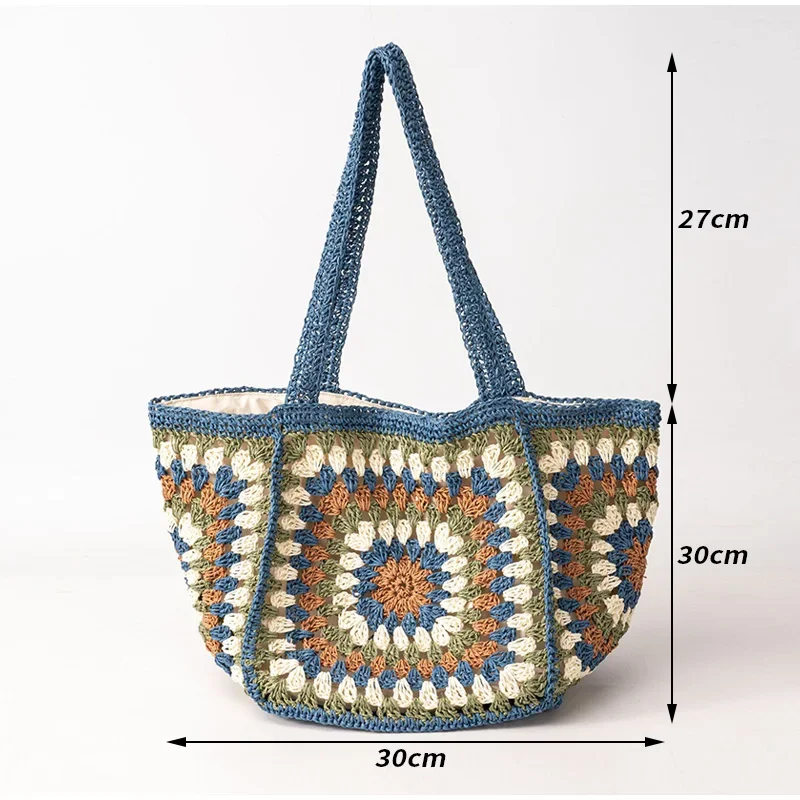 Summer Straw Woven Handbag Handmade Crochet Tote Bag Large Capacity Beach Vacation Bag Vintage Shoulder Bag Casual Boho Purse