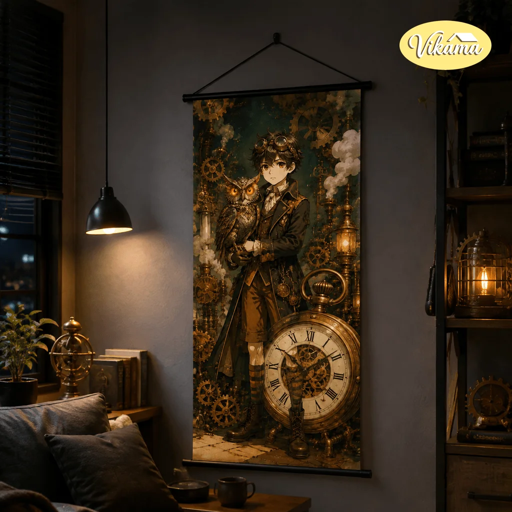 VIKAMA Steampunk Fantasy Anime Tapestry Wall Hanging Brass Gear Mechanical Bird Floral Wall Art Decor for Living Room Dorm