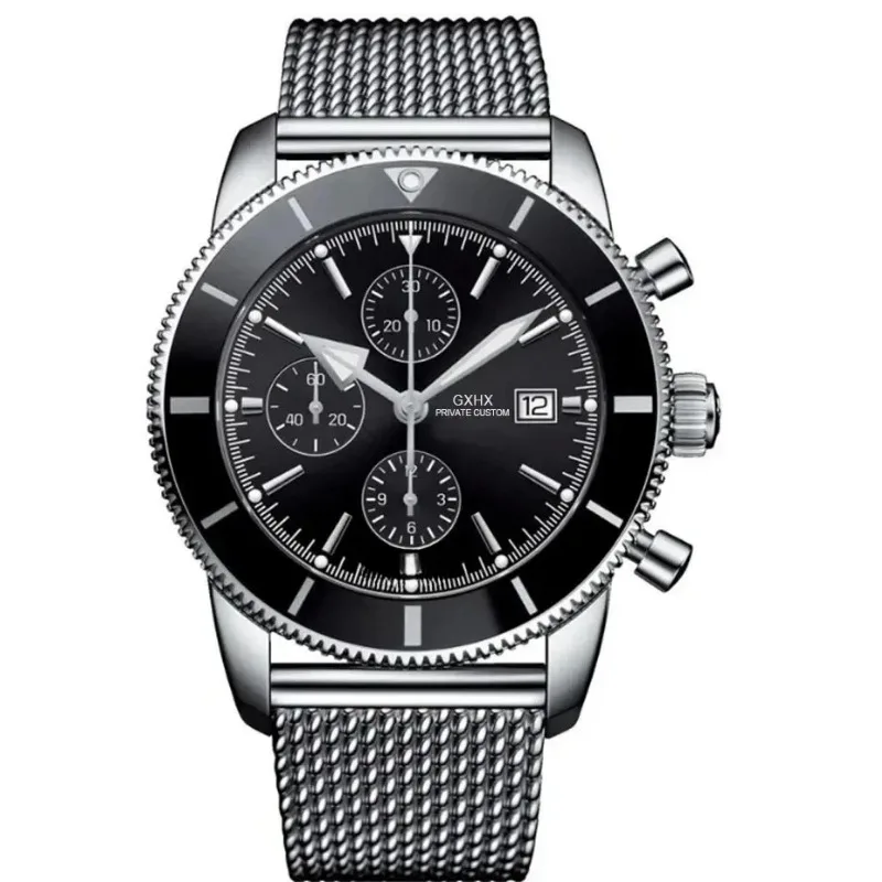 2024 Luxury New Men Superocean Chronograph Quartz Watch Stainless Steel Ceramic Bezel Black Blue MensAttracting the opposite sex