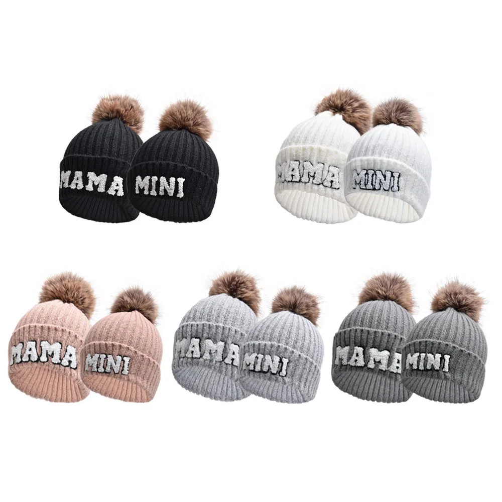 Alphabet Hat Parent Child Cap Hairball Wool Hat Outdoor Warm Knit Kid Baby Beanies Cute Daughter Mother Son Boy Girl