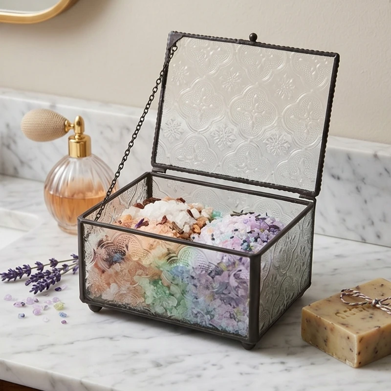 F92D Glass Jewelry Box with Embossed Panels and Dark Metal Frame, Small Hinged Storage Box for Vanity Display, Rings, Earrings