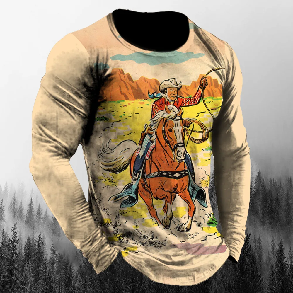 Vintage Westside Cowboy Print Autumn Men's O-Neck T-shirt Casual Long Sleeve Oversized T Shirts Fashion Tops Trend Men Clothing