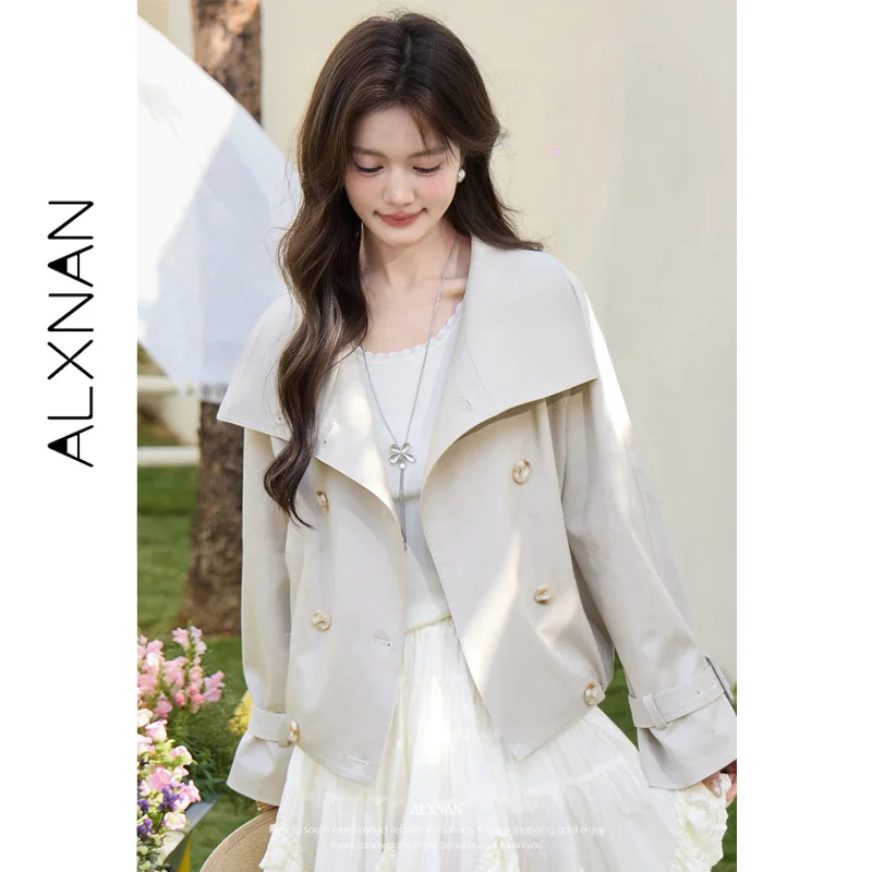 ALXNAN Fall Lapel Long Sleeve Women's White Trench Coats Cuff Tie Diagonal Pockets Double Breasted Buttons Ladies Tops L61601