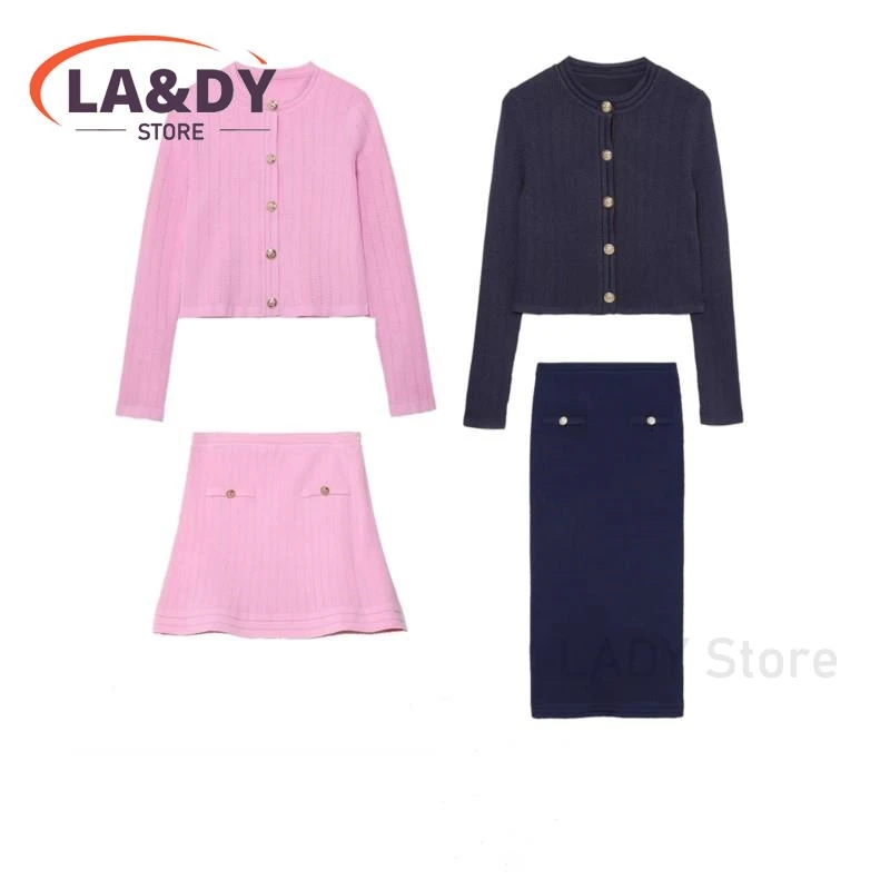 Skirt 2 Pieces Set Women 2024 Fashion Single-Breasted Knit Sweater Cardigan + Solid Casual Elastic High Waist Skirts Female