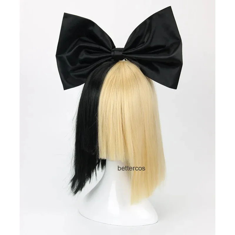 Sia Levend Dit Werkt Half Zwart En Half Lichtblonde Bedekt Ogen En Neus Hittebestendig Haar Cosplay Pruik Cap Strik