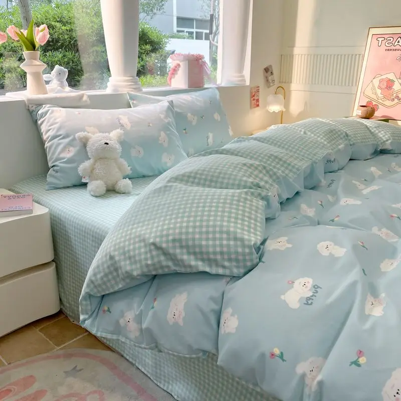 Ins Bedding Set with Duvet Cover Flat Sheet Pillowcases No Filler Full Queen Size Cute Girls Boys Home BedSpread