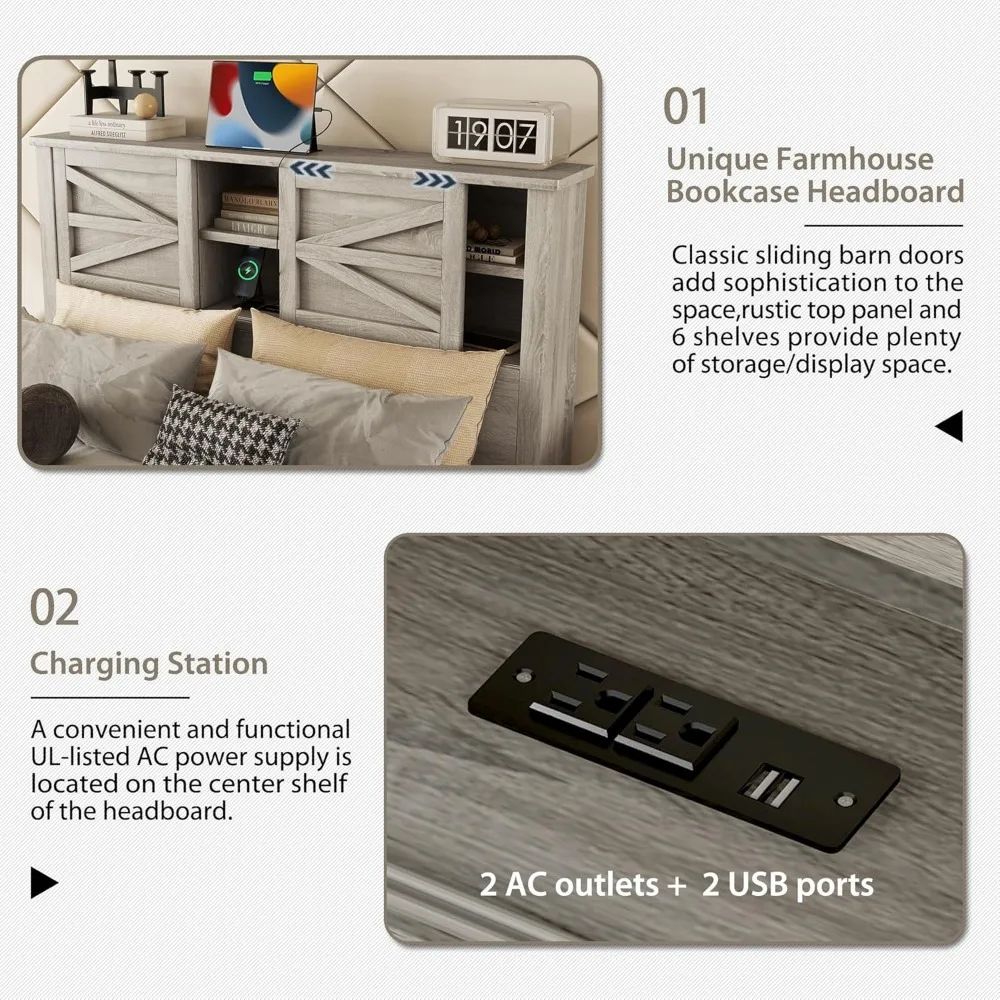 3-częściowe zestawy do sypialni Farmhouse, łóżko na platformie w rozmiarze queen z szafką nocną i schowkiem na 6 szuflad, łóżko na platformie z drewna