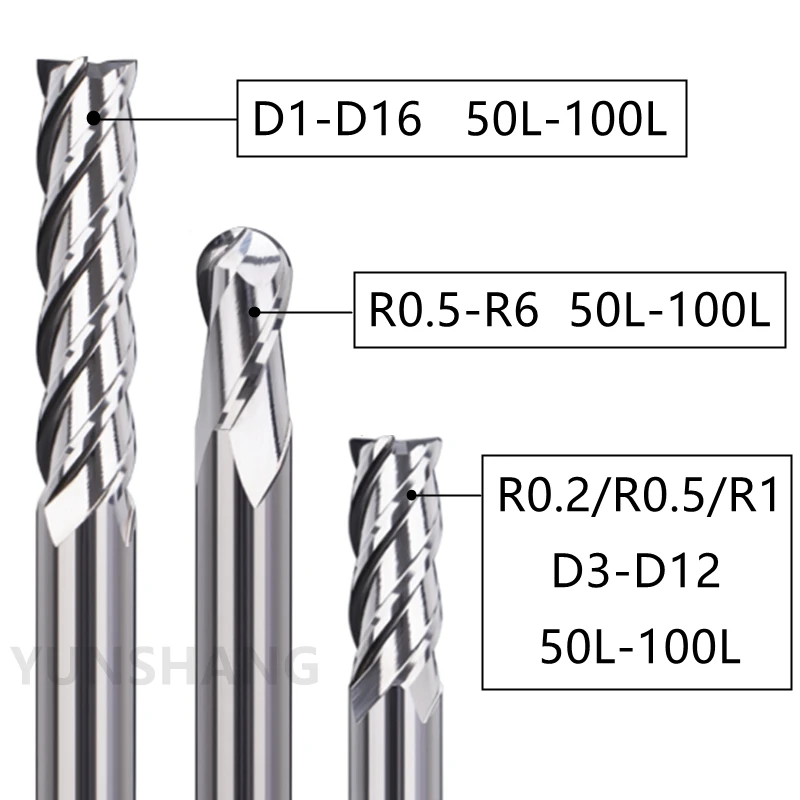 Solid Cermet Milling Cutter HRC75 2 Flute 4 Flute Ball End Mill R0.5-R6 Corner Radius Mill R0.2/R0.5/R1 Super Hard CNC Tool