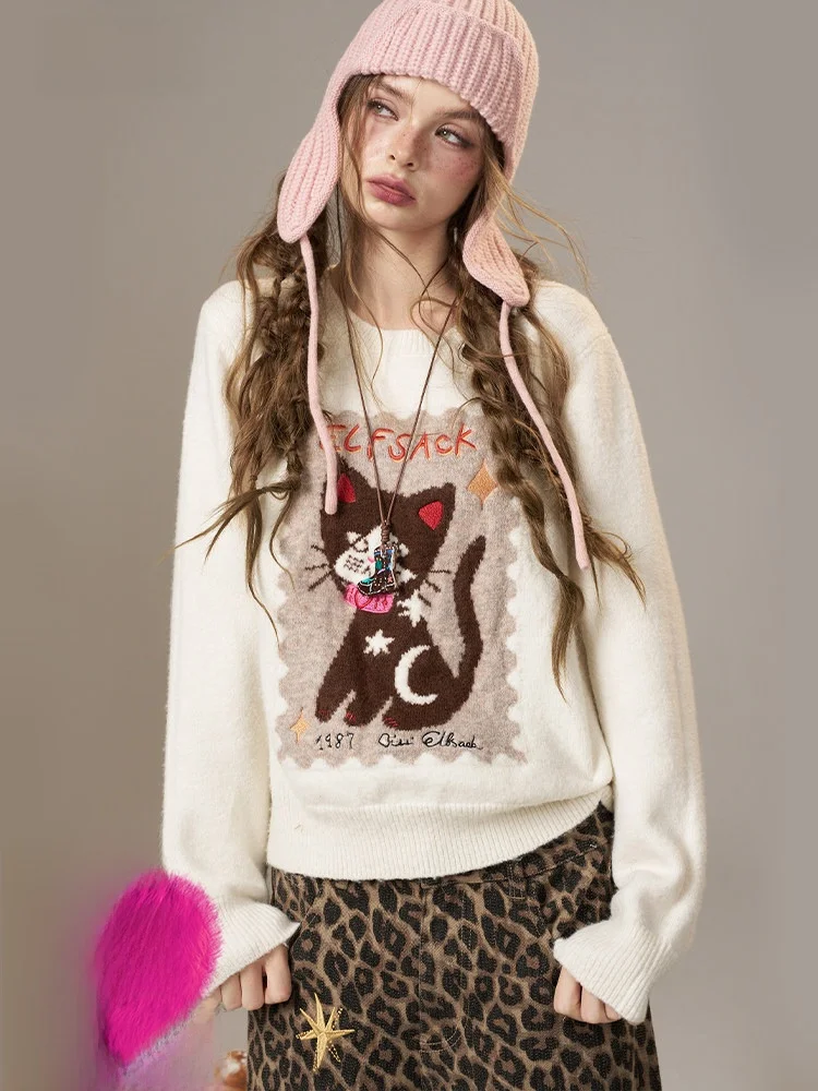 

Alice's Cute Stamp Design Winter Woolen Casual Sweater for Women Elfsa Loose Fit round Ne Regular Thin Sweater