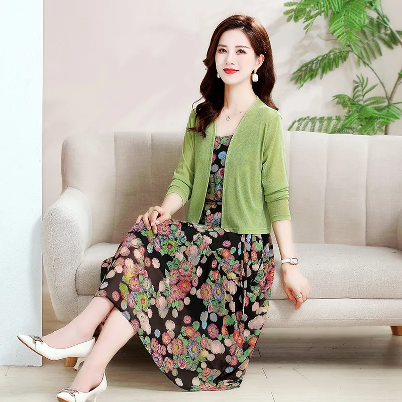 Spring summer New Cardigan shawl top Floral Sling Dress Two-piece Women\'s Professional Suit Korean Fashion Skirt Set