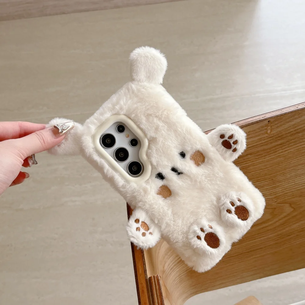 حافظة هاتف محمول لهاتف سامسونج جالاكسي S24 الترا حافظة 5G S23 S25 Plus قطيفة لطيفة قطيفة الدب الأصفر الفتيات هدية غطاء من الفرو المنفوش
