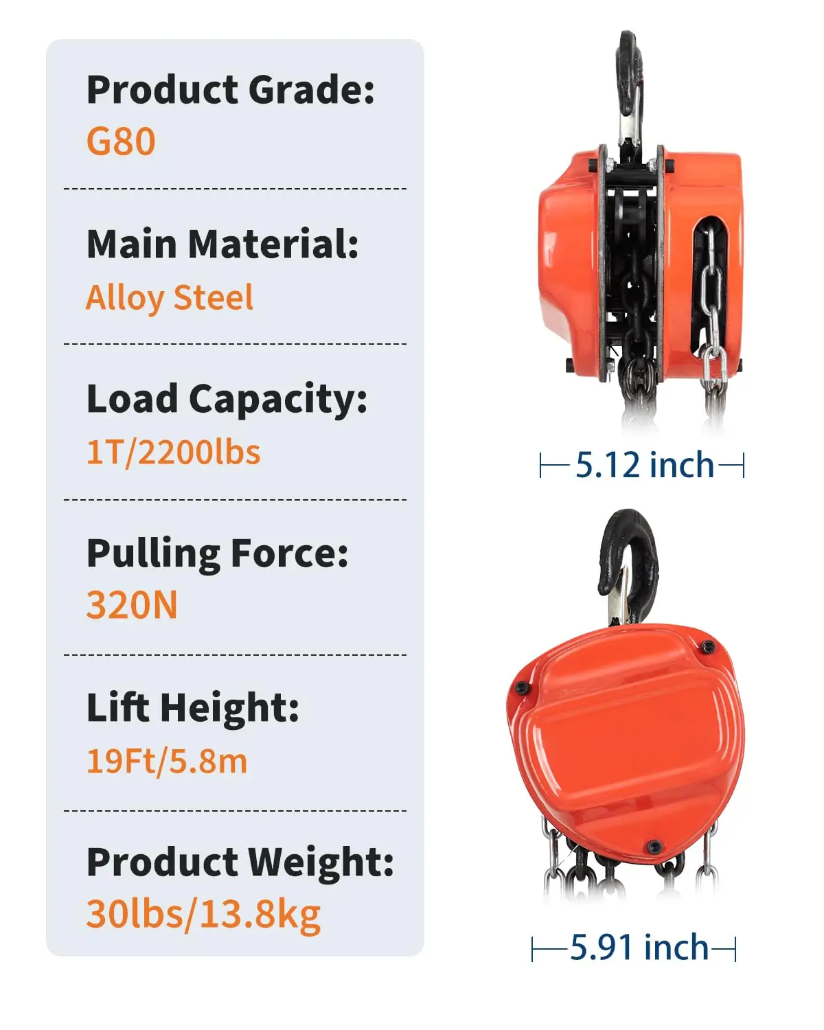 Hand Chain Hoist 1 Ton 2200 Lbs Capacity 20 Ft Lift Height G80 Galvanized Chain 360 Degree Rotating Hooks Manual Chain Block Heavy Duty Pulley Hoist For Garage Factory Warehouse Dock