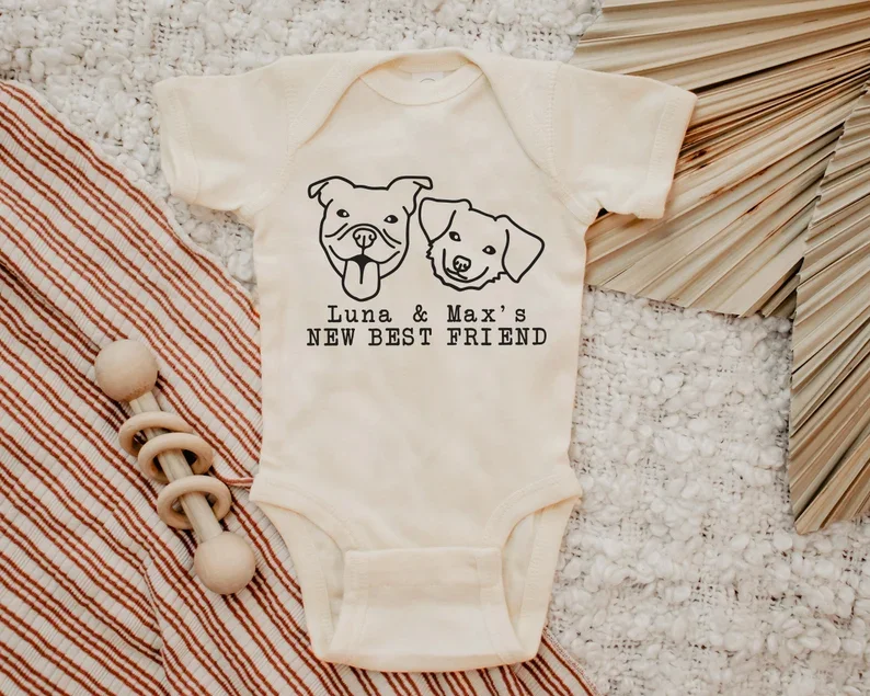

New Best Friend Onesie Protected By Dog Bodysuit Personalized Dog Name Shirt Baby Shower Gift Newborn Baby Gift
