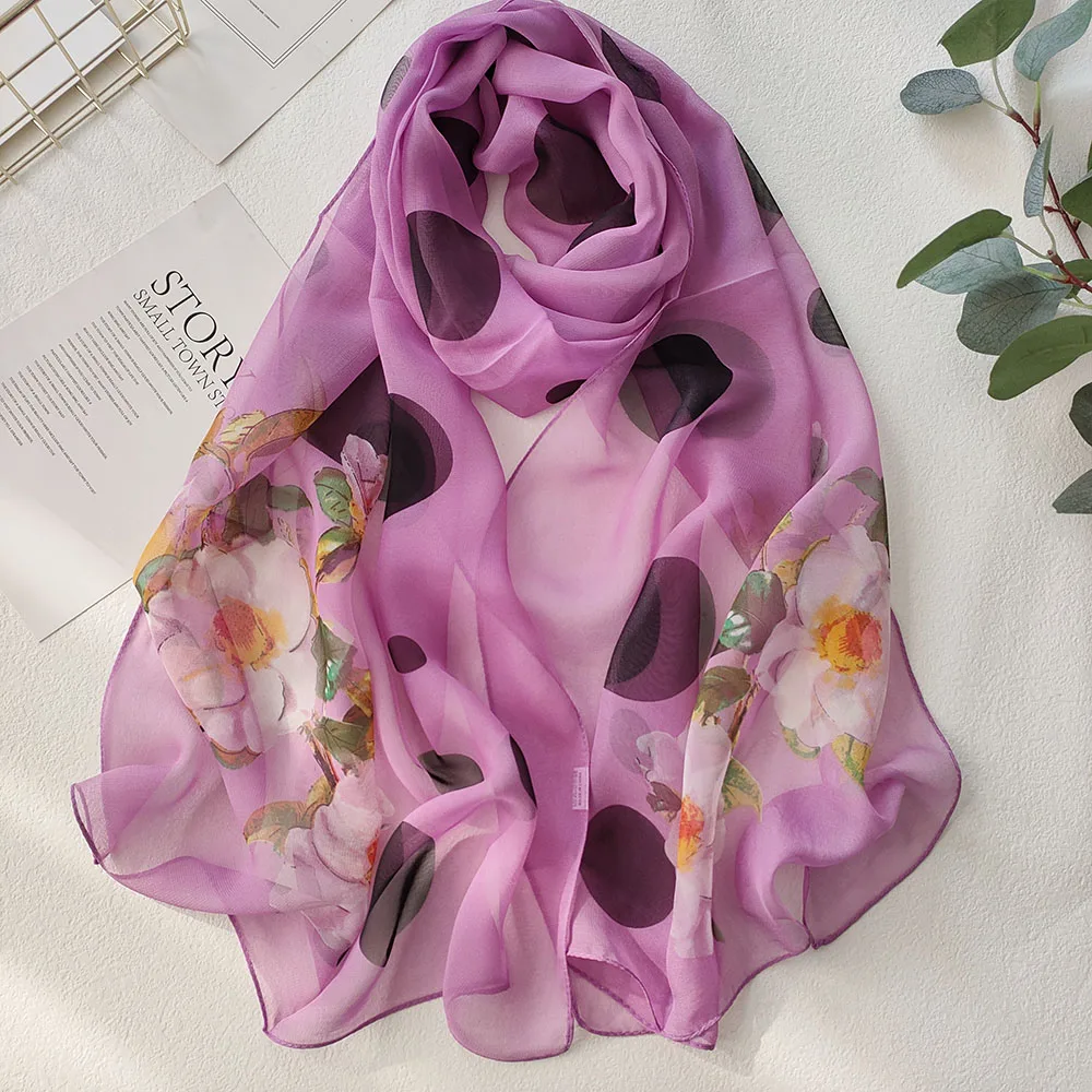 Camellia Flower Dots Print Women Foulard Elegant Chiffon Georgette Bandana Scarf Summer Beach Travel Sun Protection Thin