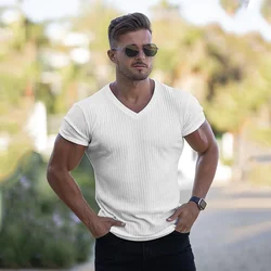 Gym T-shirt Men V Neck Short Sleeve Knitted Tshirt Sports Slim Fit Tee Shirt Male Fitness Bodybuilding Workout Summer Clothing