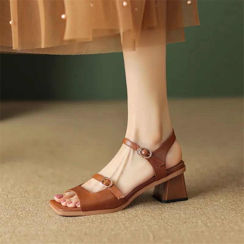 2023 New Summer Sandals Women Square Toe Shoes Chunky Heel Open Toe Retro Sandals for Women Handmade Split Leather Women Sandals