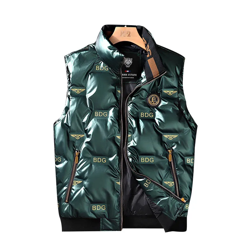 Winter Fashion Letter Metal Medal Sleeveless Jacket Mens Shinny Rhinestones Down Vest Solid Color Coat Men Sleeveless Vest