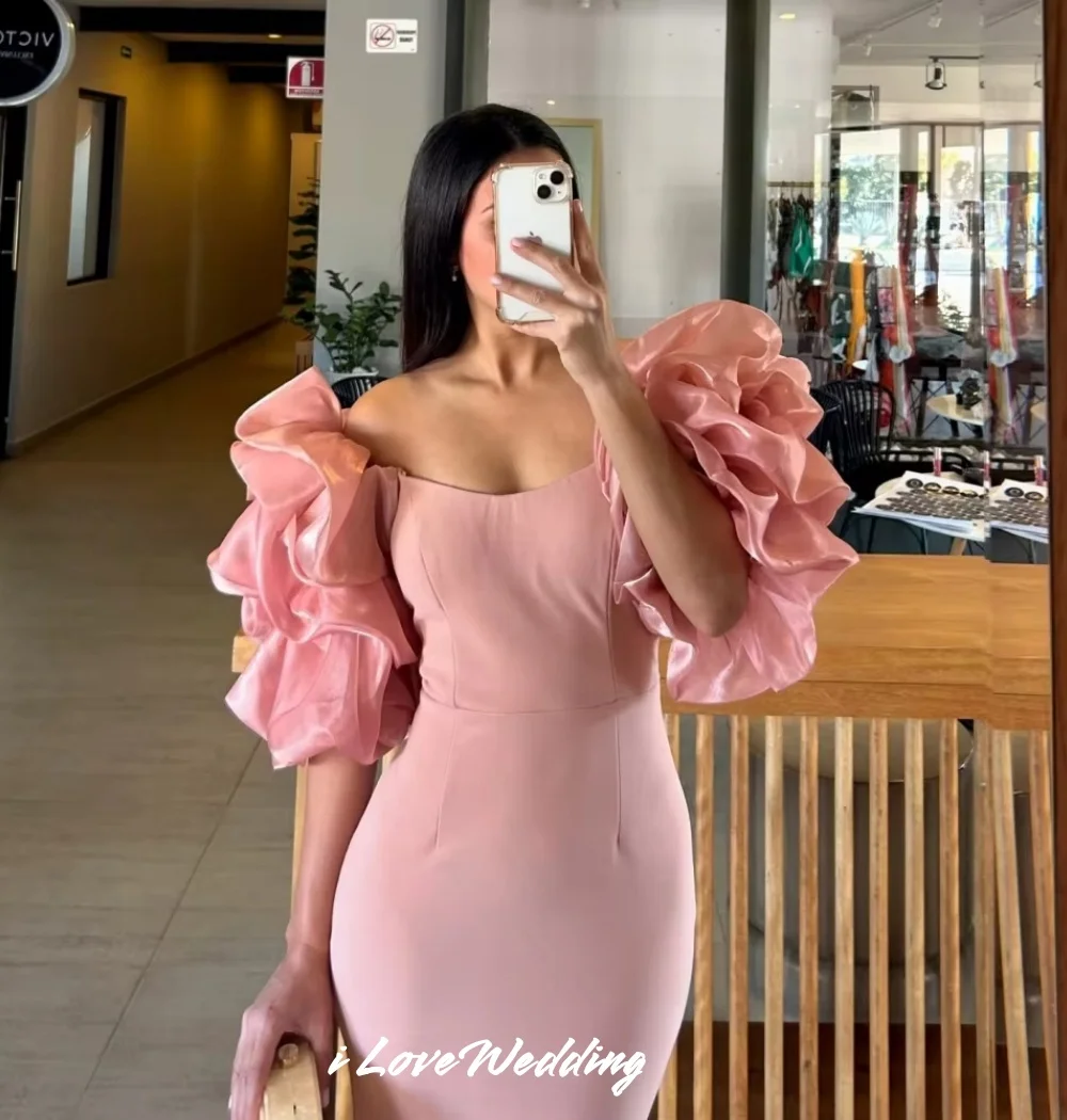 Rosa puff manga vestidos de baile sem alças sereia vestido de noite elegante vestido de festa de casamento ruched babados volta zíper personalizado