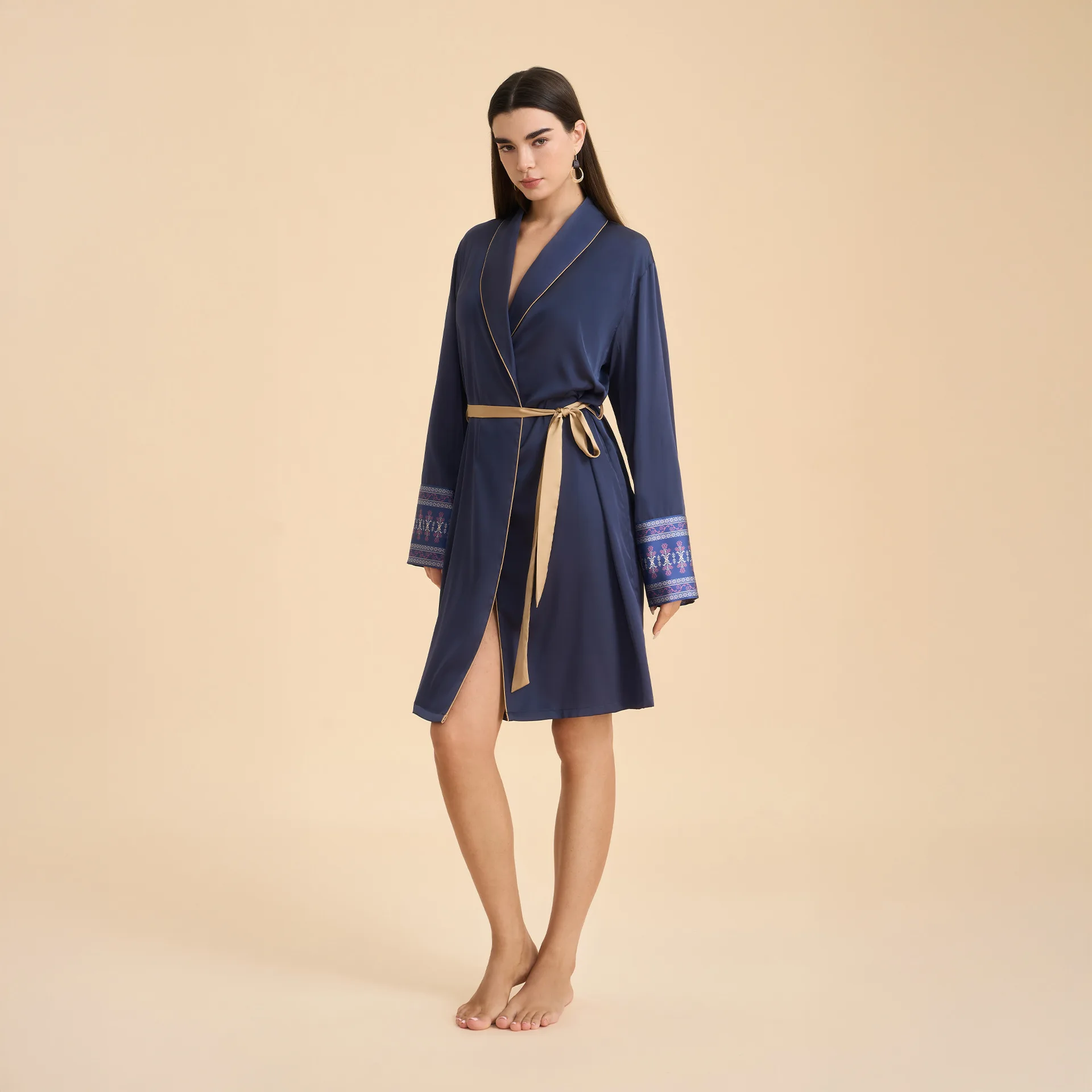 

Chinese Style Print Robe Sleepwear Summer Long Sleeve Ice Silk Kimono Bathrobe Loungewear Casual Women Nightwear